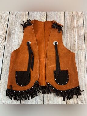 Vintage Kids Cowboy Western Suede Leather Vest Fringe Costume Youth Size Large